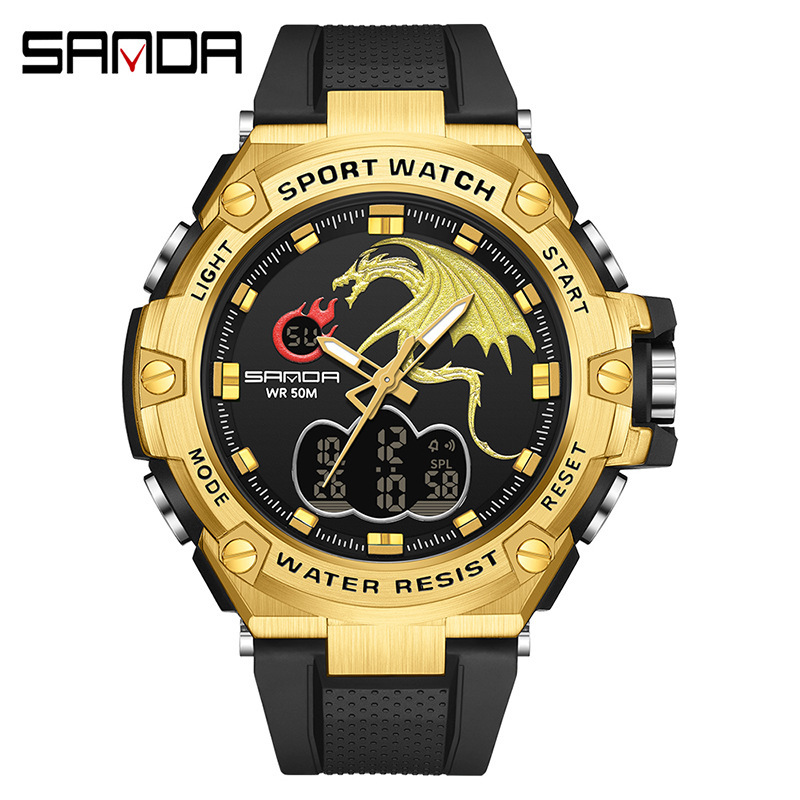 Sanda 3171 reloj electrónico dragón rociador de fuego reloj impermeable moda de moda luminoso reloj de hombre multifuncional