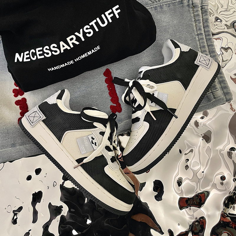 冬季新款灯芯绒熊猫板鞋男鞋小众刺绣流苏黑白运动休闲鞋情侣潮鞋