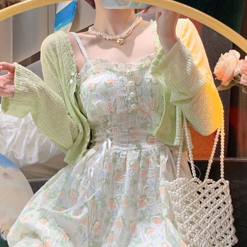 plus size Women's Mori Style First Love Skirt Sling dress suit Women's Thin Sunscreen Cardigan Slimming Skirt Two-piece Set