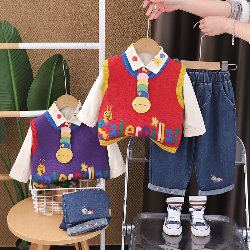 跨境童装春季新款男童婴幼儿宝宝童套装马甲衬衫长袖套装三件套潮