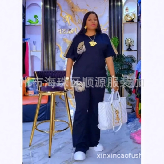 2025秋季欧美跨境大码女装烫钻刺绣套装撞色套装非洲工厂女夏面料