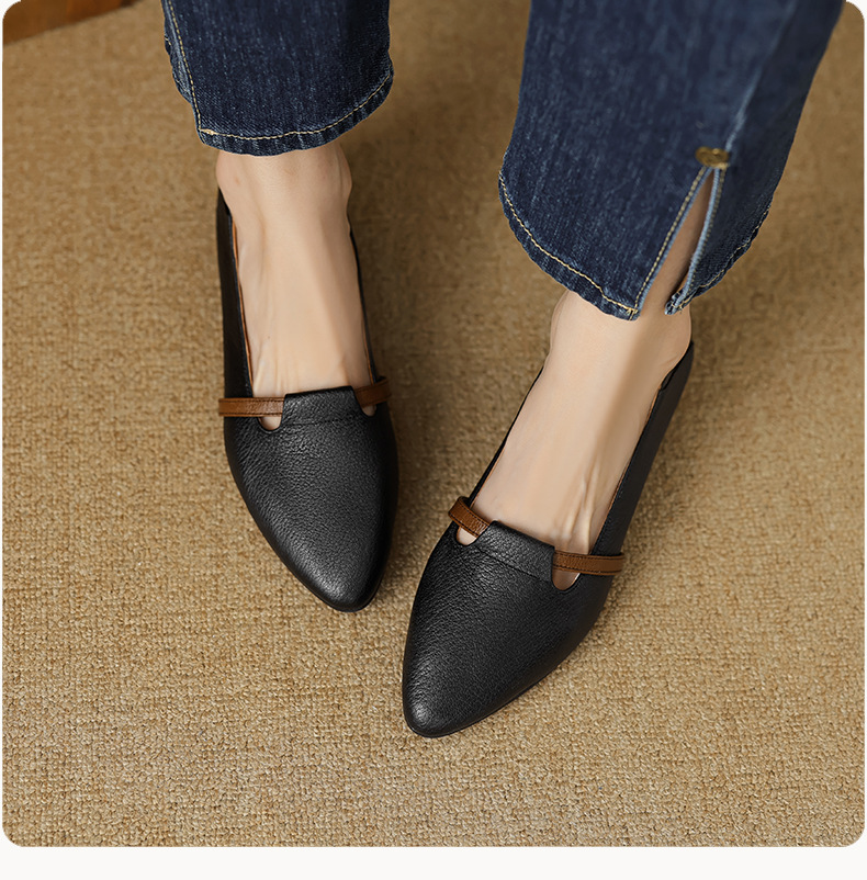 Giày cao gót nữ mũi nhọn da cừu gót thô 5 cm phối màu — đen chi tiết 8
