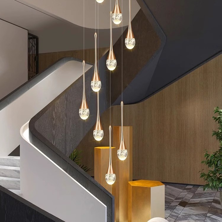 Edificio dúplex lujoso loft giratorio cristal villa escalera lámpara dúplex gran Airbus escalera lámpara de luz larga