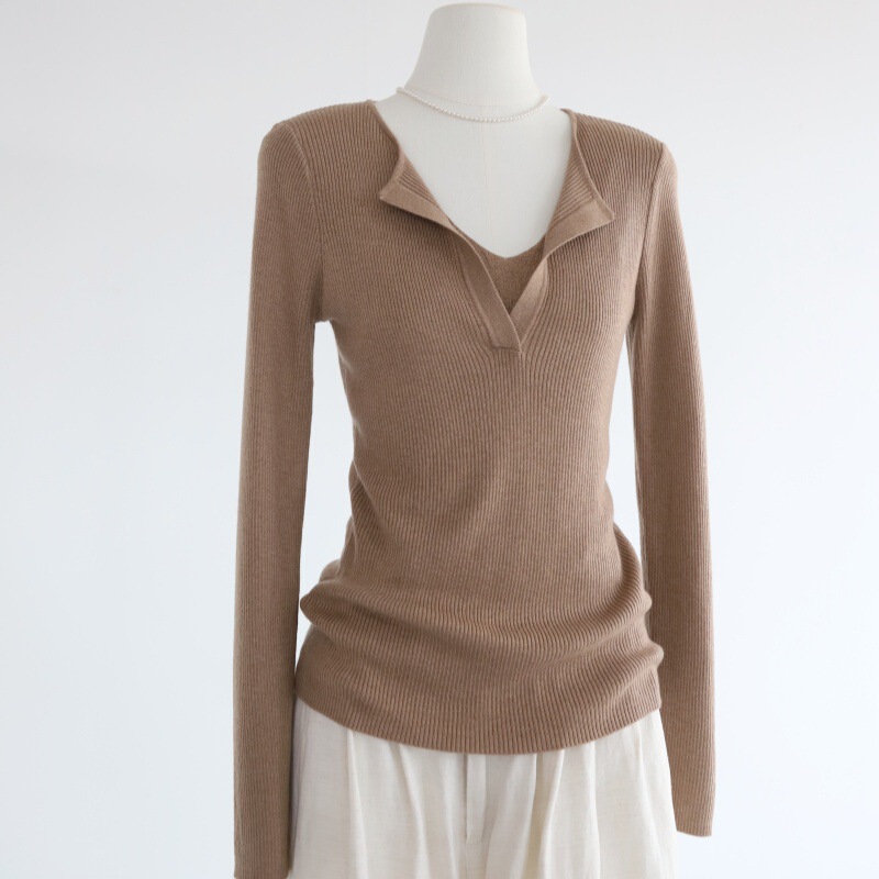 French-style subtly designed faux two-piece V-neck long-sleeve base shirt for women, new autumn knit top French-style subtly designed faux two-piece V-neck long-sleeve base shirt for women, new autumn knit top