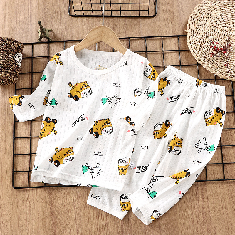 Conjunto de pijama para uso doméstico, ropa de algodón puro para aire acondicionado para niños y niñas, ropa de verano fina de manga corta para bebés y niños pequeños.