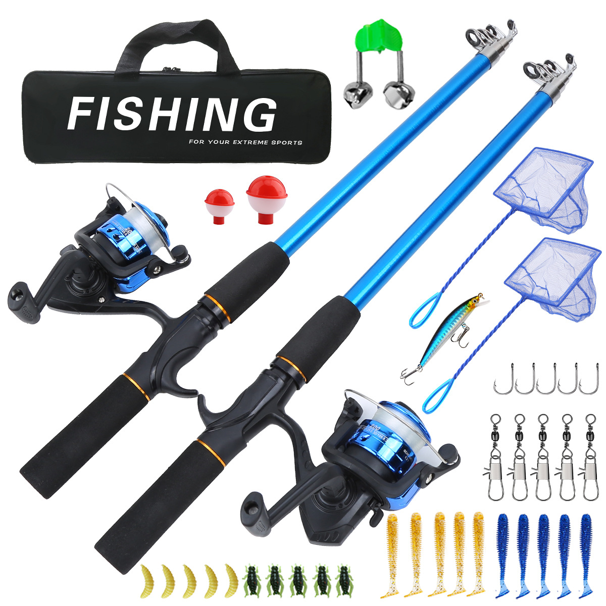 Double-rod 2.1M lure fishing rod set, retractable long-distance casting rod, sea rod, couple's fishing rod with bag, wholesale from manufacturer