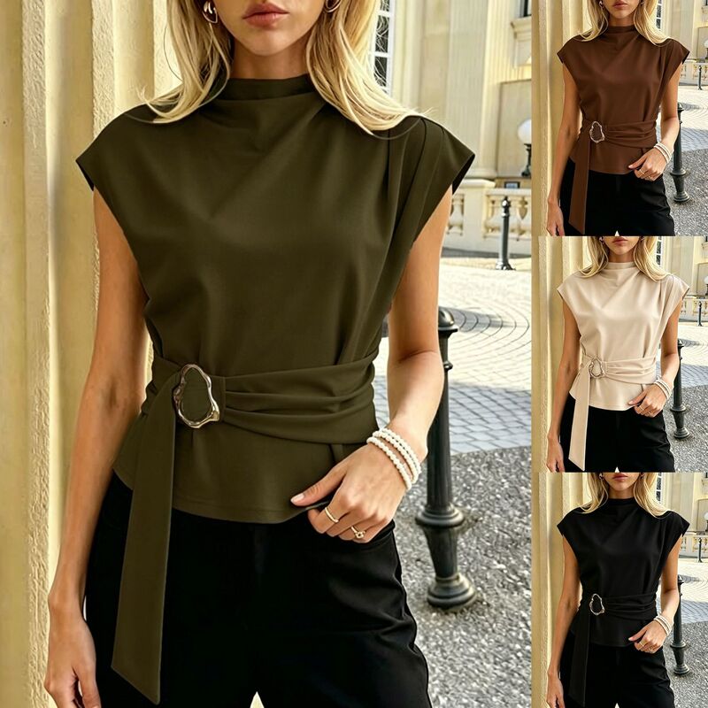 2026Ebay Amazon Wsih Hot-Selling High-Neck Sleeveless Top with Metal Buckle Belt, Waist-Cinching Slimming Commuter Shirt 2026Ebay Amazon Wsih Hot-Selling High-Neck Sleeveless Top with Metal Buckle Belt, Waist-Cinching Slimming Commuter Shirt