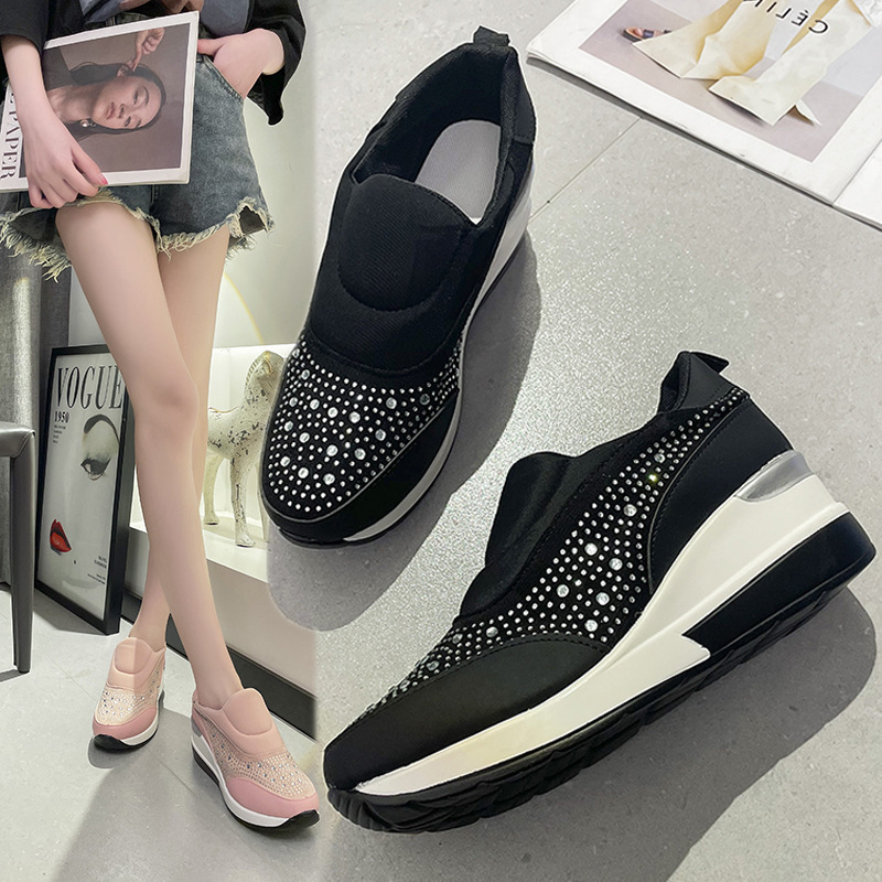 Plus Size Wedge Shoes for Women 2025 Spring New Style Rhinestone Inner Heightening Shoes High Heels Lazy Shoes Casual Sports Shoes for Women