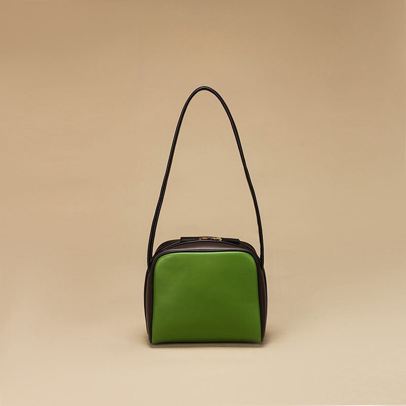 Women's 2025 New Arrival Niche Genuine Leather Small Square Bag Contrast Color Commuter Handbag Shoulder Underarm Baguette Bag