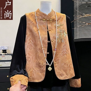 国风中老年金丝绒春秋妈妈上衣女新款2026马甲新中式小衫春装套装