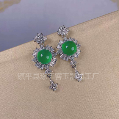 S925银玉髓耳坠高冰帝王绿玉髓镶嵌翡翠色玉石耳环 玉耳坠批发