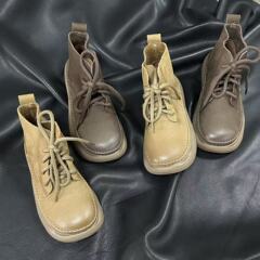 复古方头短靴头层牛皮系带棉麻风靴子女真皮手工女鞋小众设计短靴