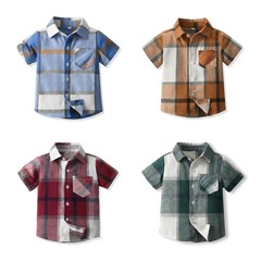 外貿童裝新品兒童襯衫男童 春夏男童襯衣批發中大童短袖格子襯衫