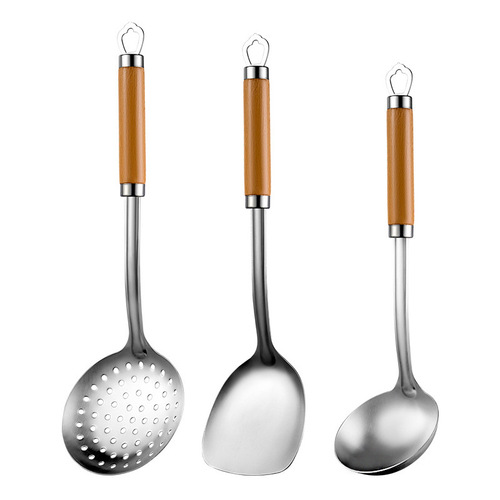 304 solid wood handle stainless steel spoon and soup spatula household kitchen utensil set cooking tools frying spatula wholesale