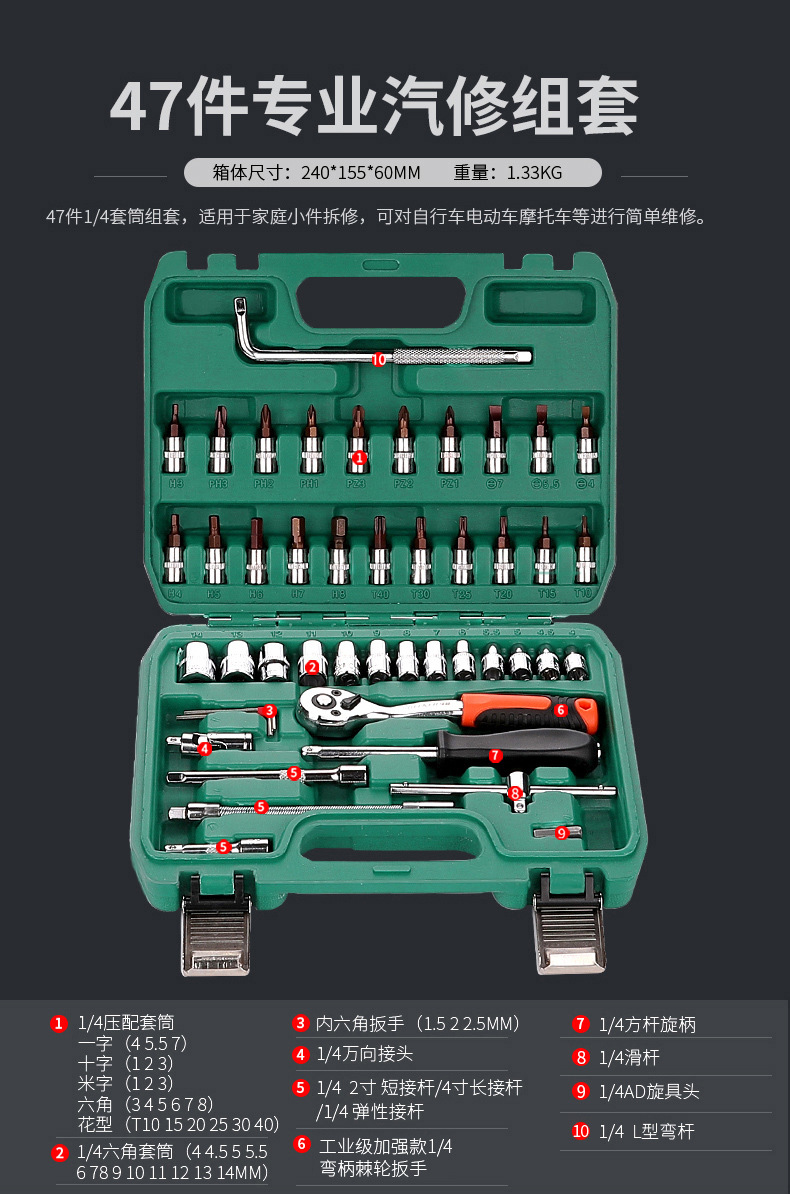 Suitable for Green Forest Auto Repair Tool Set Ratchet Quick Socket Wrench Sleeve Car Repair Motorcycle Maintenance