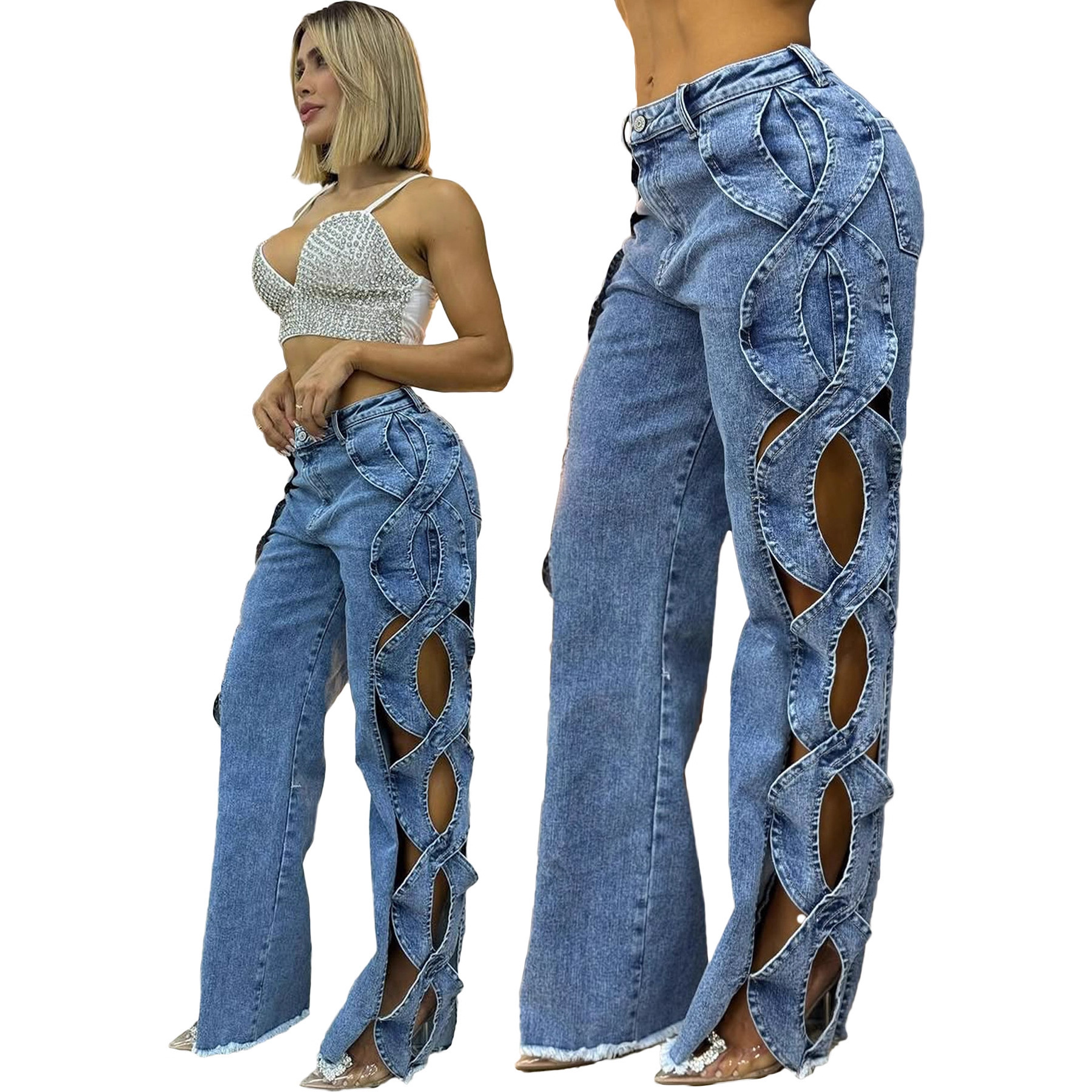 Women's Side Cutout S-Line Denim Pants – Edgy Patchwork Jeans With Distressed Details (Blue/Black-Gray, S-2XL)_mkmklike.com