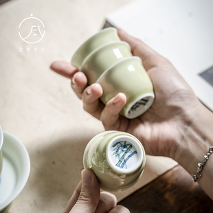 Yishu Tea Words Hand-painted Blue and White Bamboo Hidden Tea Tasting Cup Kung Fu Tea Set Tea Cup Master Cup Single Cup literati Tea Ware