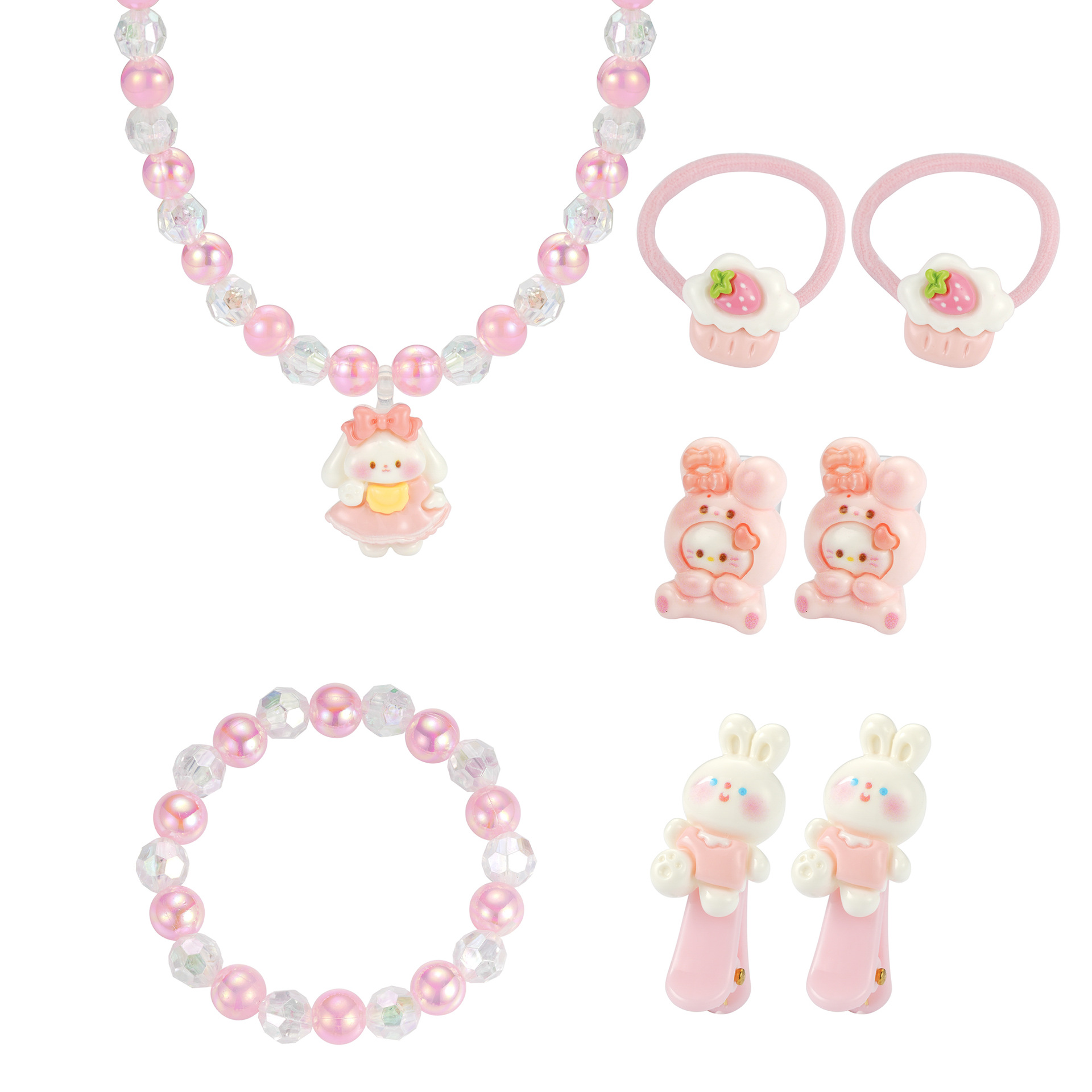Transfronterizos niños dibujos animados adorables pinzas de pelo collar dulce niña cuentas cuerdas de mano niña pequeña conjunto de joyas de mano