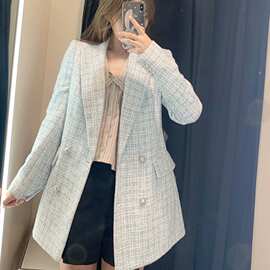 2021秋季新款亚马逊欧美女装批发粗花呢口袋装饰复古长袖西装外套
