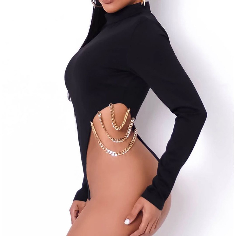 solid color sexy long-sleeved round neck gold chain jumpsuit NSCBB119689