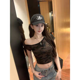 迷彩短袖T恤女短款夏季新款修身显瘦设计感小众上衣跨境外贸批发