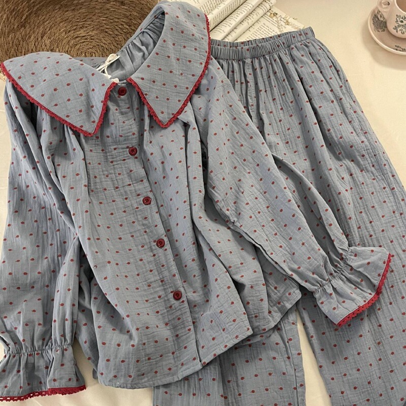 Korean Style Cute Polka Dot Doll Collar Pajamas for Women, Autumn Cloud Cotton Loose Long-Sleeve Student Dormitory Spring and Autumn In-Stock Korean Style Cute Polka Dot Doll Collar Pajamas for Women, Autumn Cloud Cotton Loose Long-Sleeve Student Dormitory Spring and Autumn In-Stock