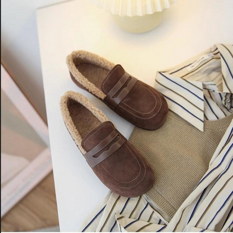 Mao Mao Shoes Women's Autumn and Winter Outfit Pregnant Women's Shoes Slip-on Lamb Wool Moto Shoes Internet Celebrant Flat Pumps fleece-lined Cotton Shoes