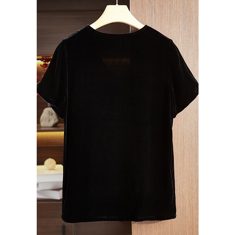566 Vネック半袖黒シルクベルベットトップス、S M L XL XXL、深セン南油卸売！|undefined