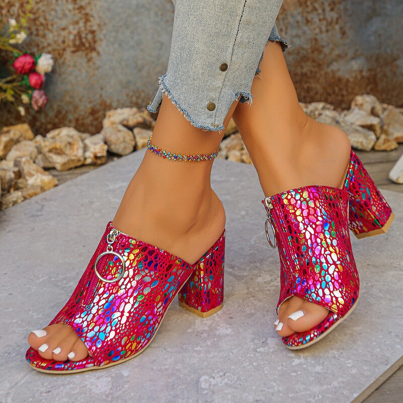Fish-Mouth Sandals with Colorful Snake Print, Thick Sole, Chunky High Heel, Slip-On Casual High Heels, Foreign Trade Outdoor Wear Sandals