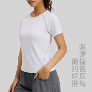 春夏薄款吸汗透气舒适运动T恤跑步健身修身显瘦瑜伽服撞色上衣女