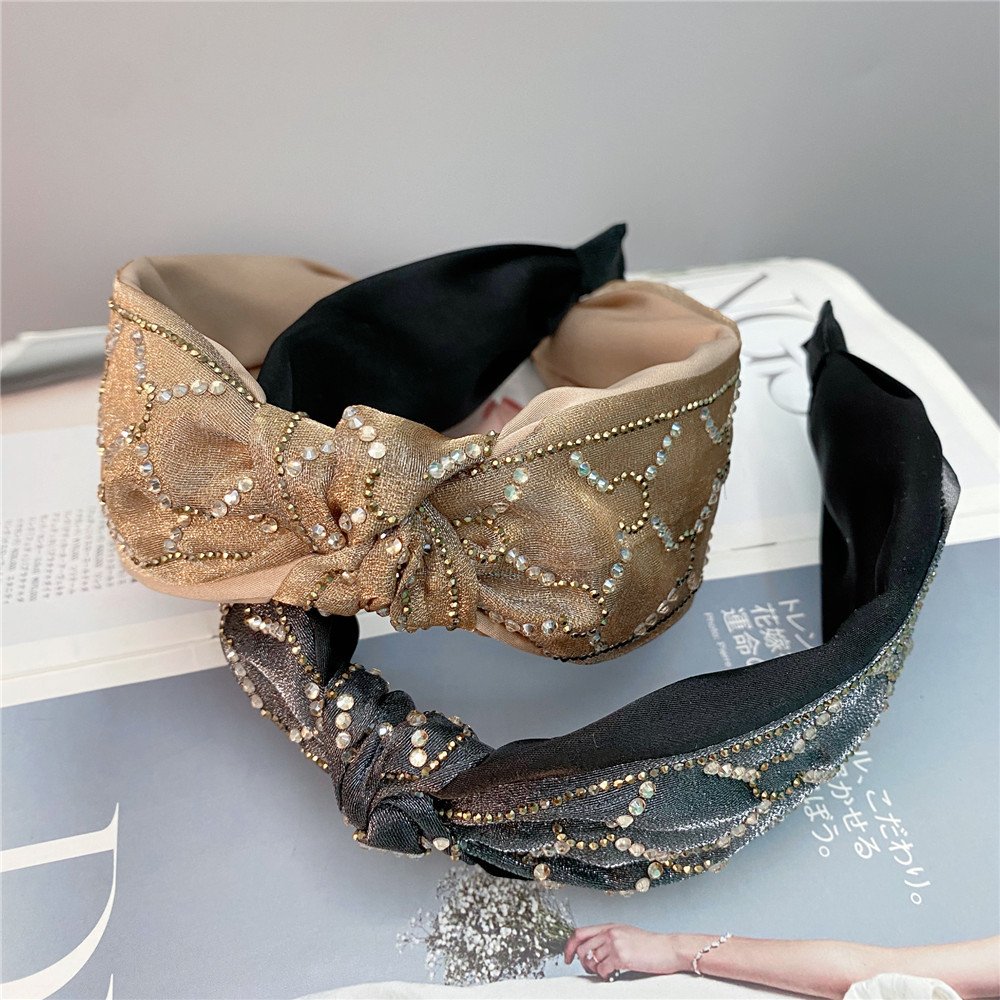 Rhinestone Letter Knot In The Middle Wide Headband Double Layer Yarn Summer Hair Accessories display picture 1