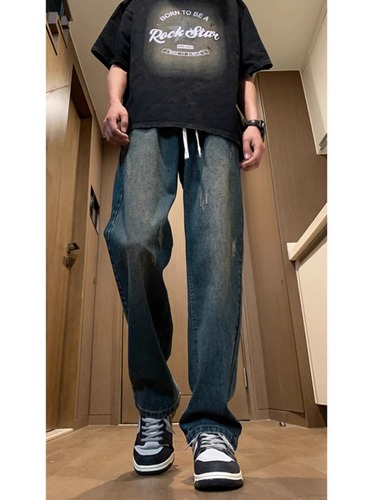 NASA vintage straight-leg jeans for men, suitable for spring and summer, American-style loose flare drawstring casual long pants