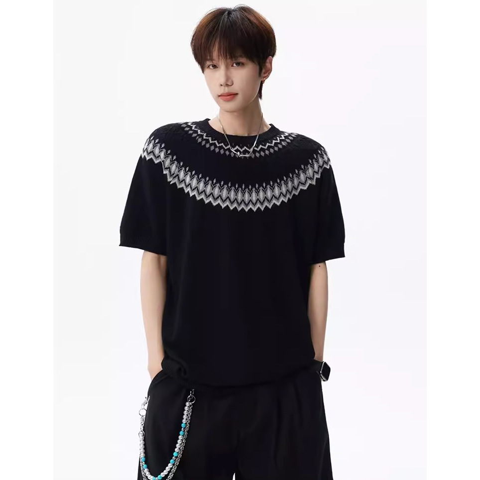 Isla de Fair camiseta de punto de manga corta camiseta de cuello redondo jacquard hombre viejo estilo casual hielo de verano fábrica transfronteriza mayorista