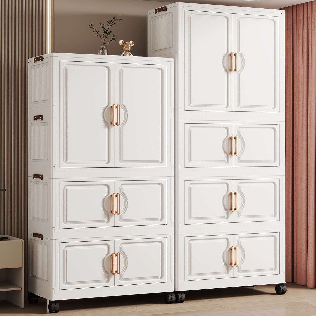 Multi-layer, floor-standing, double-door storage cabinet for home use, large-capacity storage unit for bedrooms, foldable cabinet for storing clothes and toys