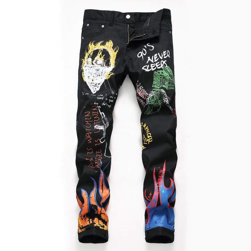 Trendy high street men's stretch slim-fit 3D color-printed black jeans with skull graffiti street style mid-rise trousers Trendy high street men's stretch slim-fit 3D color-printed black jeans with skull graffiti street style mid-rise trousers