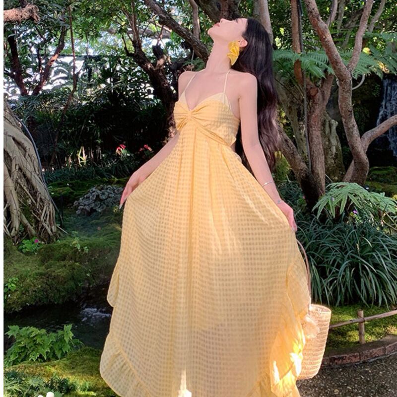 Dopamine Tyndall Skirt light yellow Vacation Backless Fishtail dress Women's Summer Beach Neck Long Skirt