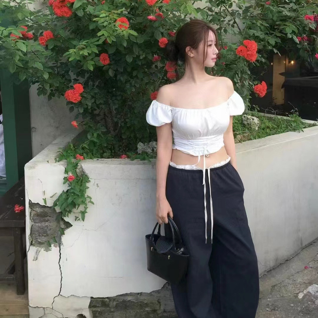 韩国Notyourrose泡泡袖绑带设计收腰方领短袖雪纺衫辣妹露背上衣