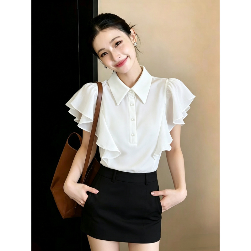 2026 French-Style Ruffled Satin Blouse with Small Flying Sleeves, Flattering Fit, Doll Collar Top for Women
