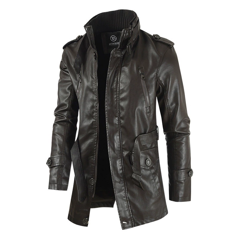Мужская кожаная куртка средней длины с воротником-стойкой, на флисовой подкладке, утепленная, из искусственной кожи, новинка осенне-зимнего сезона 2025 года, для внешней торговли.