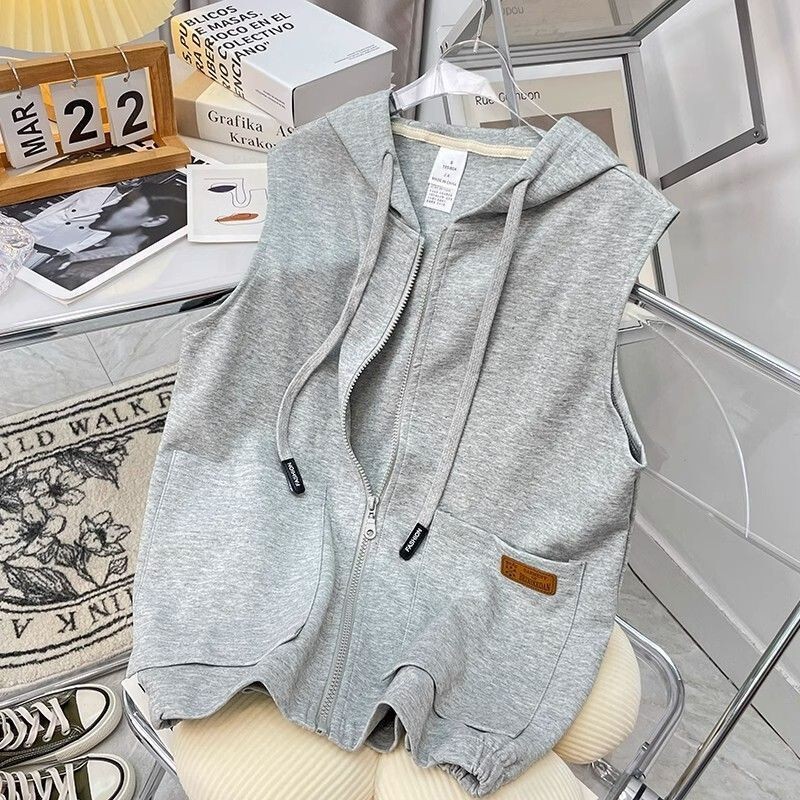 New Arrivals for Early Spring: Sleeveless Hooded Sweatshirt Jacket for Women, Unique Design, College Style Vest Top, Cardigan for Outerwear