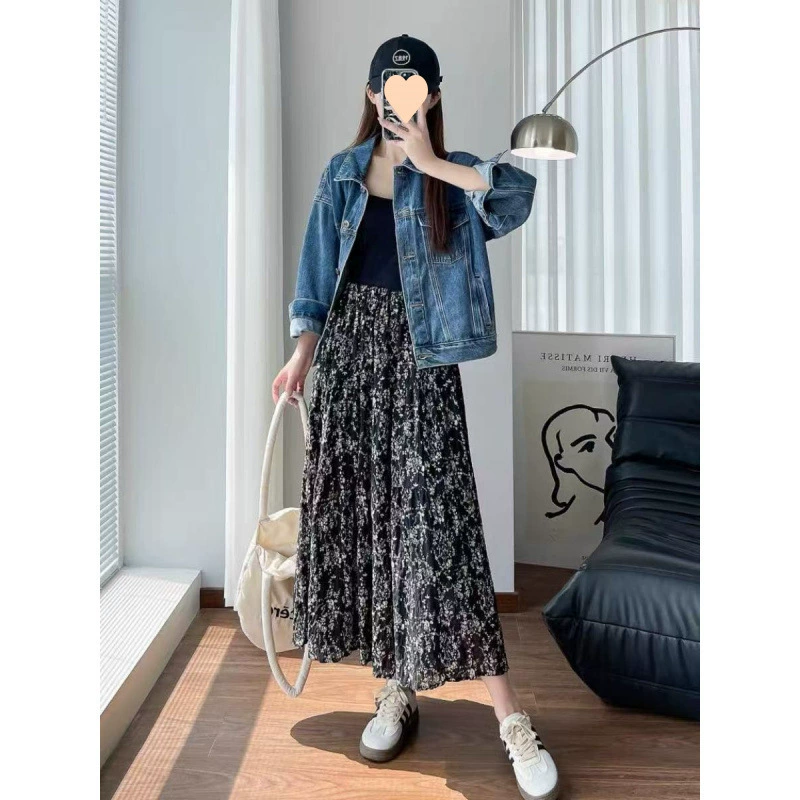 Юбка с цветочным принтом в стиле ретро 2025, новая эластичная длинная юбка средней длины с высокой талией для похудения