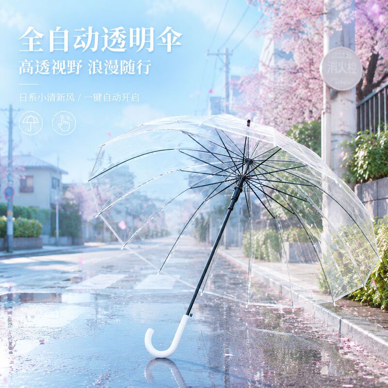 Rainy Day Flower Transparent Umbrella, Large Double-Person High-Quality 16-Bone Long Handle Automatic Umbrella, Wholesale, Can Print Logo, Advertising Umbrella