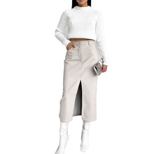 跨境欧美复古休闲开叉半身裙女 外贸气质高腰PU皮裙2025新款女装