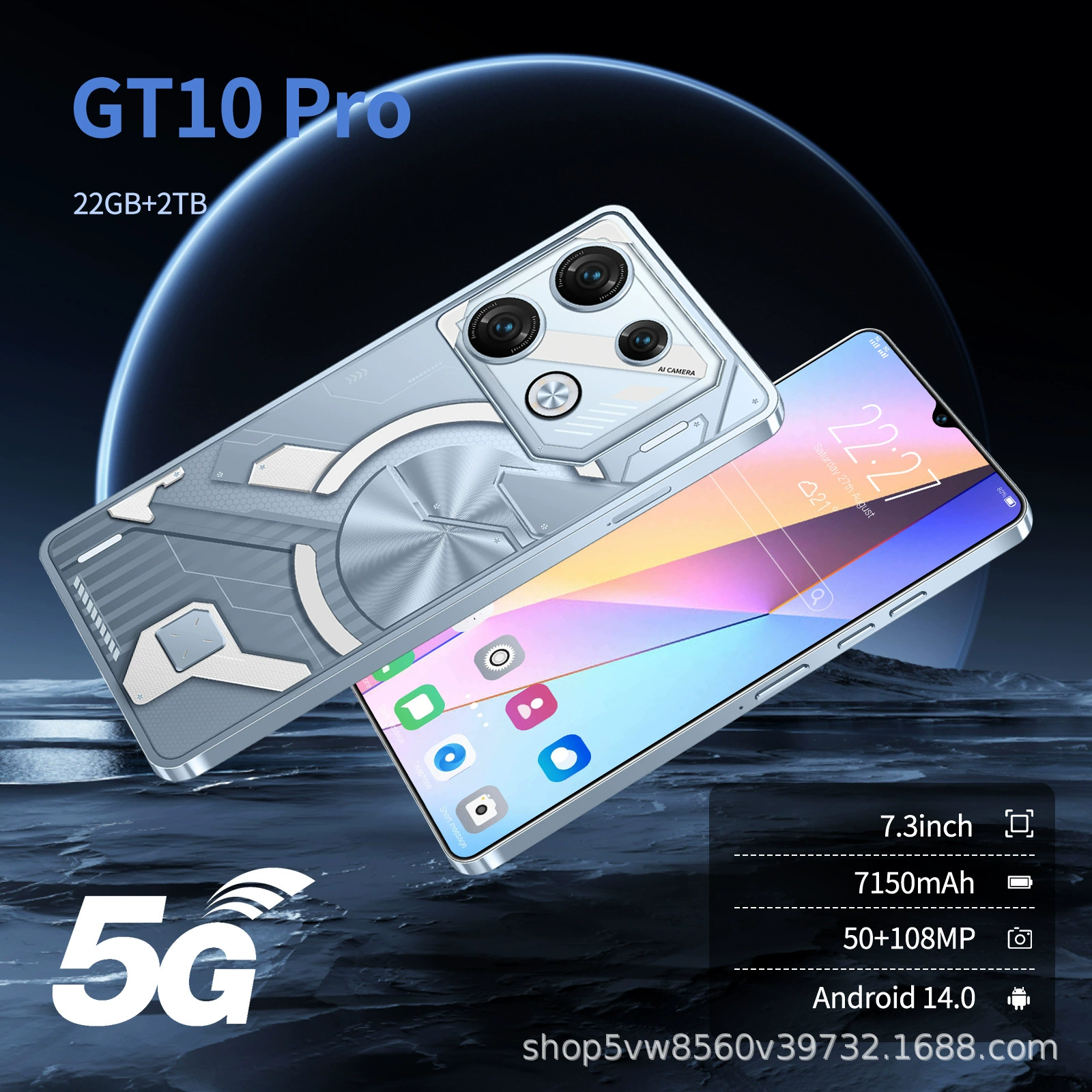 Смартфон GT10 Pro, 22 ГБ + 2 ТБ, 7.3" AMOLED, 5G, 7150 мАч, дуплекс SIM в режиме ожидания