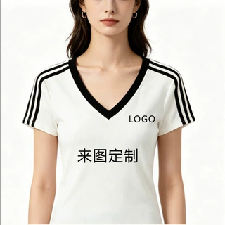 批发v领正肩t恤女定制图案LOGO夏季撞色拉条三道杠显瘦辣妹风短袖