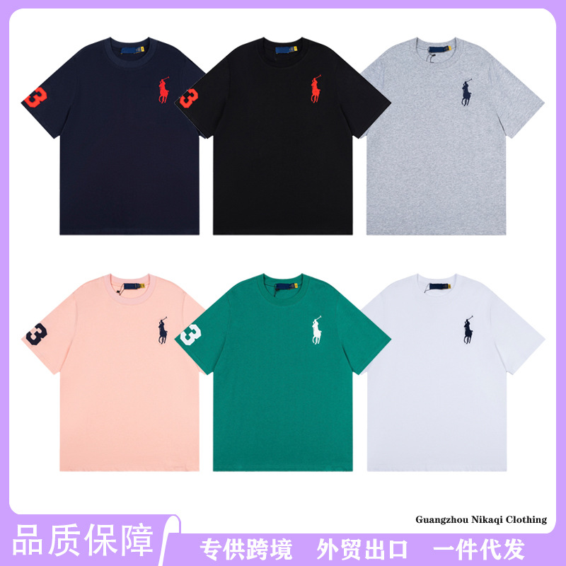 Scan-to-read classic 25ss summer embroidered horse logo round neck unisex short-sleeved shirt