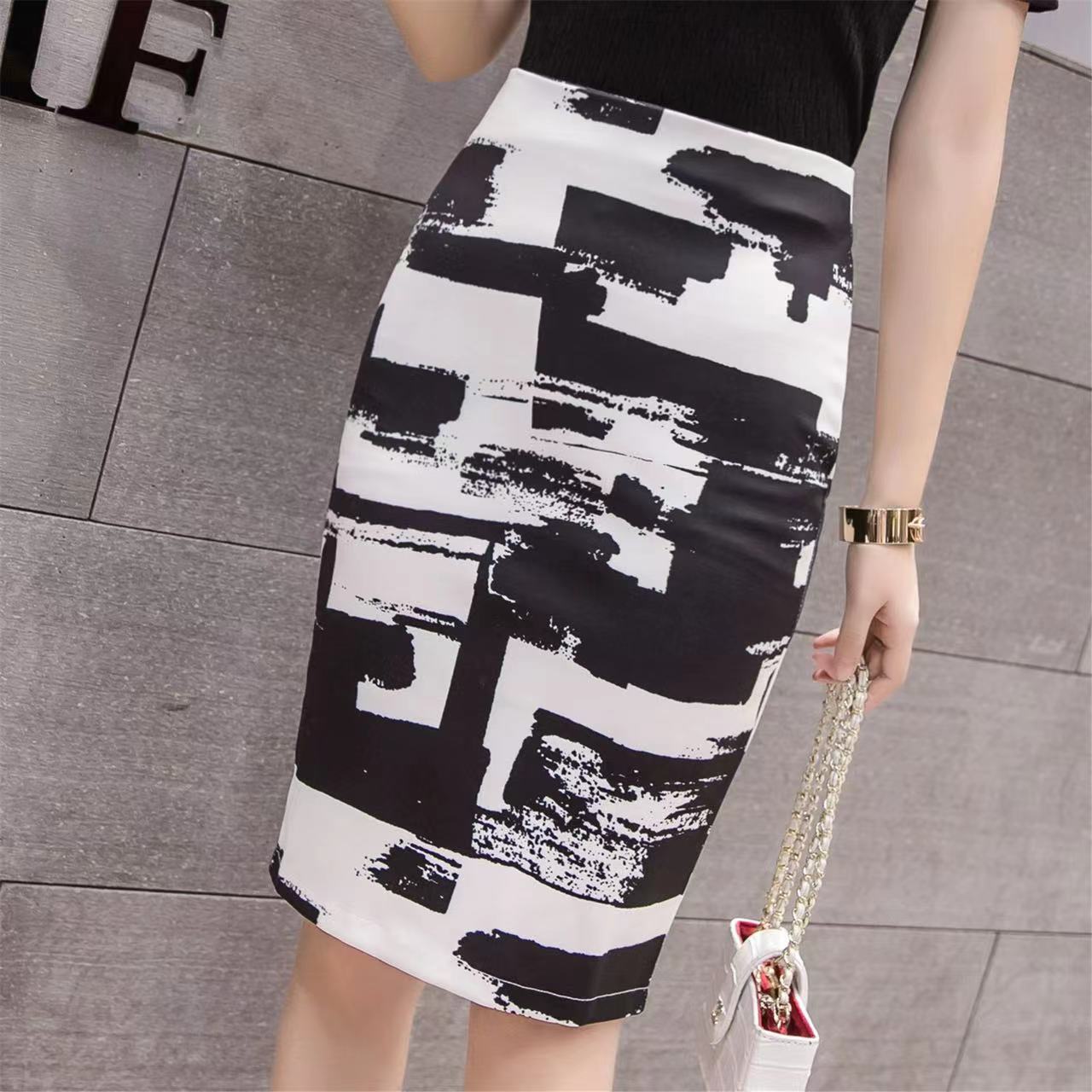 2025新款春夏印花半身裙一步裙显瘦高腰弹力后开叉包臀裙中短裙女