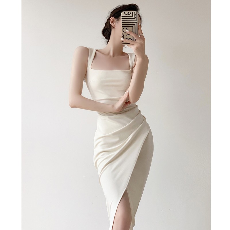 白色连衣裙女高级感夏法式长款订婚聚会轻奢小礼服气质缎面吊带裙|undefined