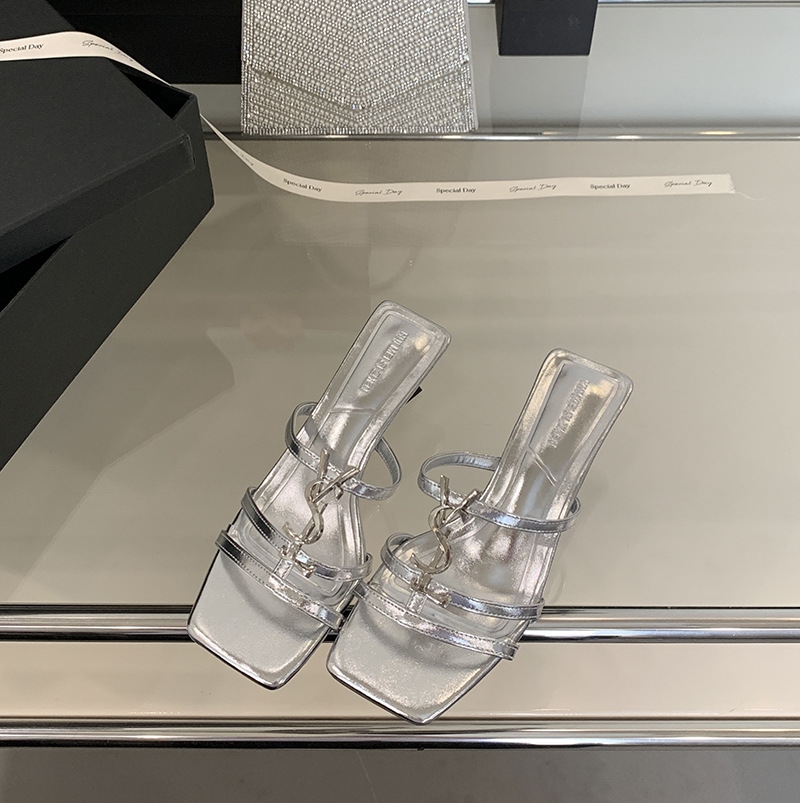 Silver Commuter Sandals for Women with Metal Buckle, Two Straps, Square Toe, Open Heel, and Suitable for Pairing with Skirts, Office Sandals