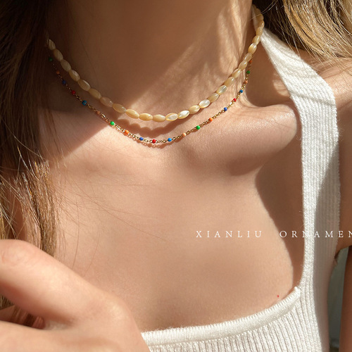Layered Double Wearing Oil Mother-of-Pearl Necklace Korean Style Fashion Jade Color Chain Clavicle Chain Rice Bead String Necklace for Women